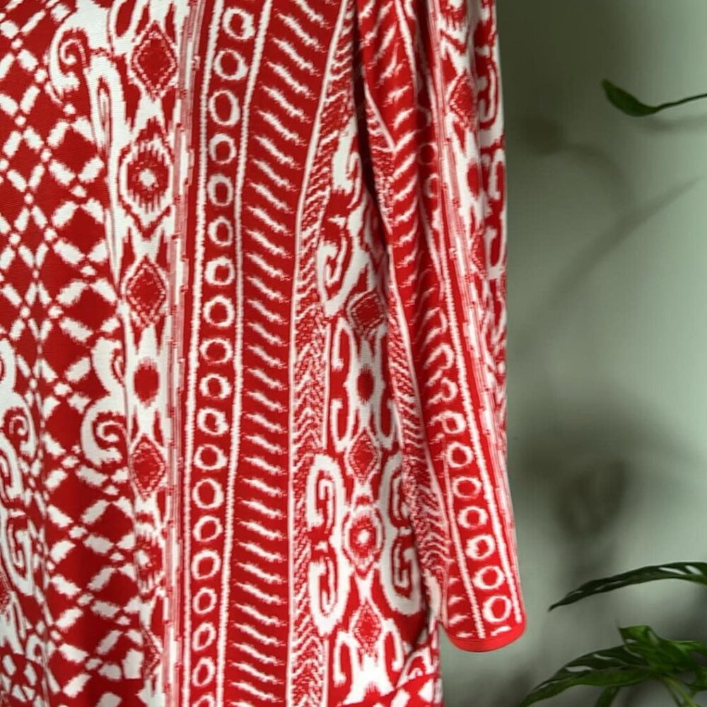 Susan Graver Ikat Red and White Tunic SZ SM 3/4 Sleeve Business Wear Lagenlook - Picture 6 of 9